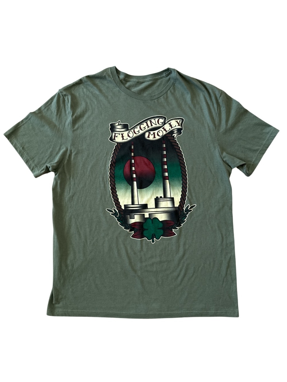 Vintage Flogging Molly Olive Green Men’s Large Celtic Punk Band Shamrock Tee